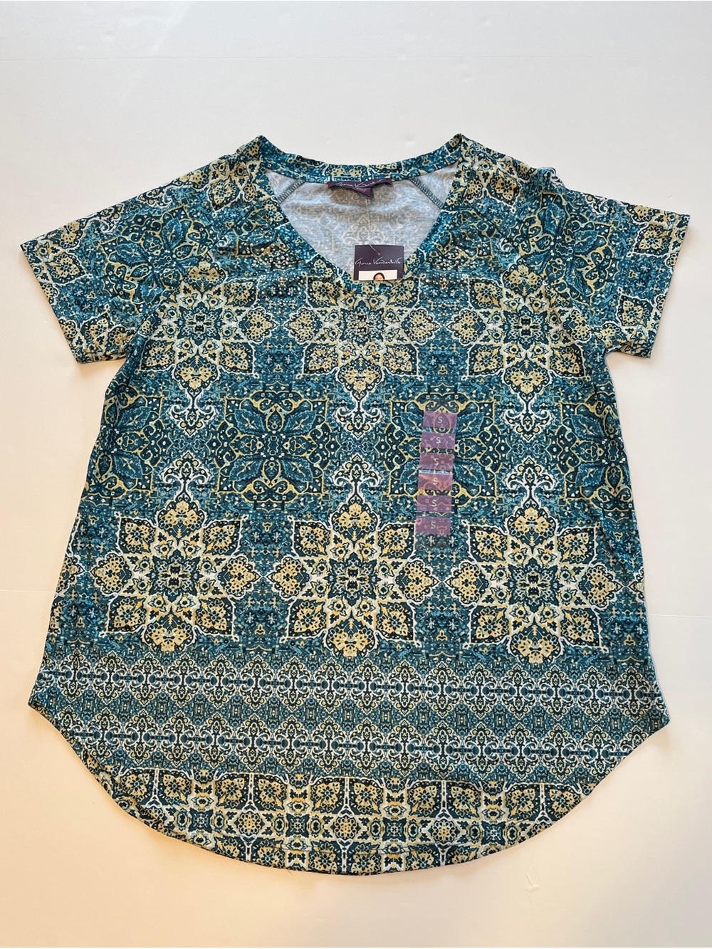Gloria Vanderbilt Women Teal and Cream Short Sleeve V-Neck Top size S Stretch